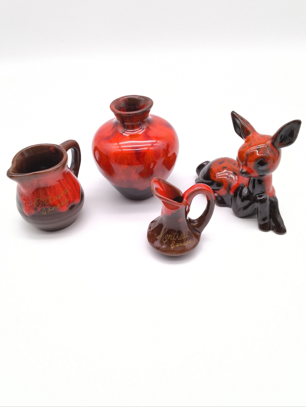 Vintage Mid-Century Canadian Art Pottery Set – Red & Black "Lava" Drip Glaze